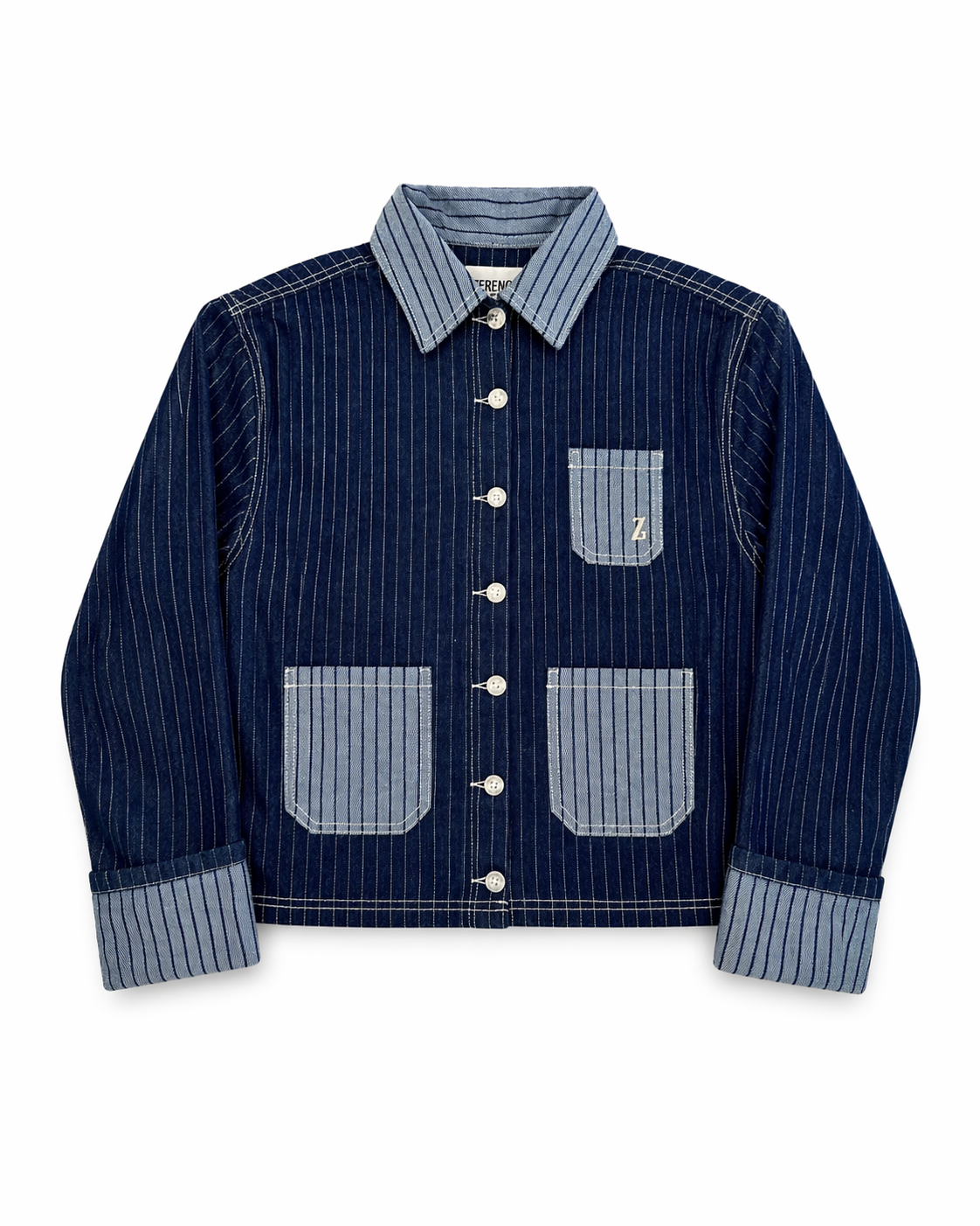 Blue denim jacket with button details on a white background