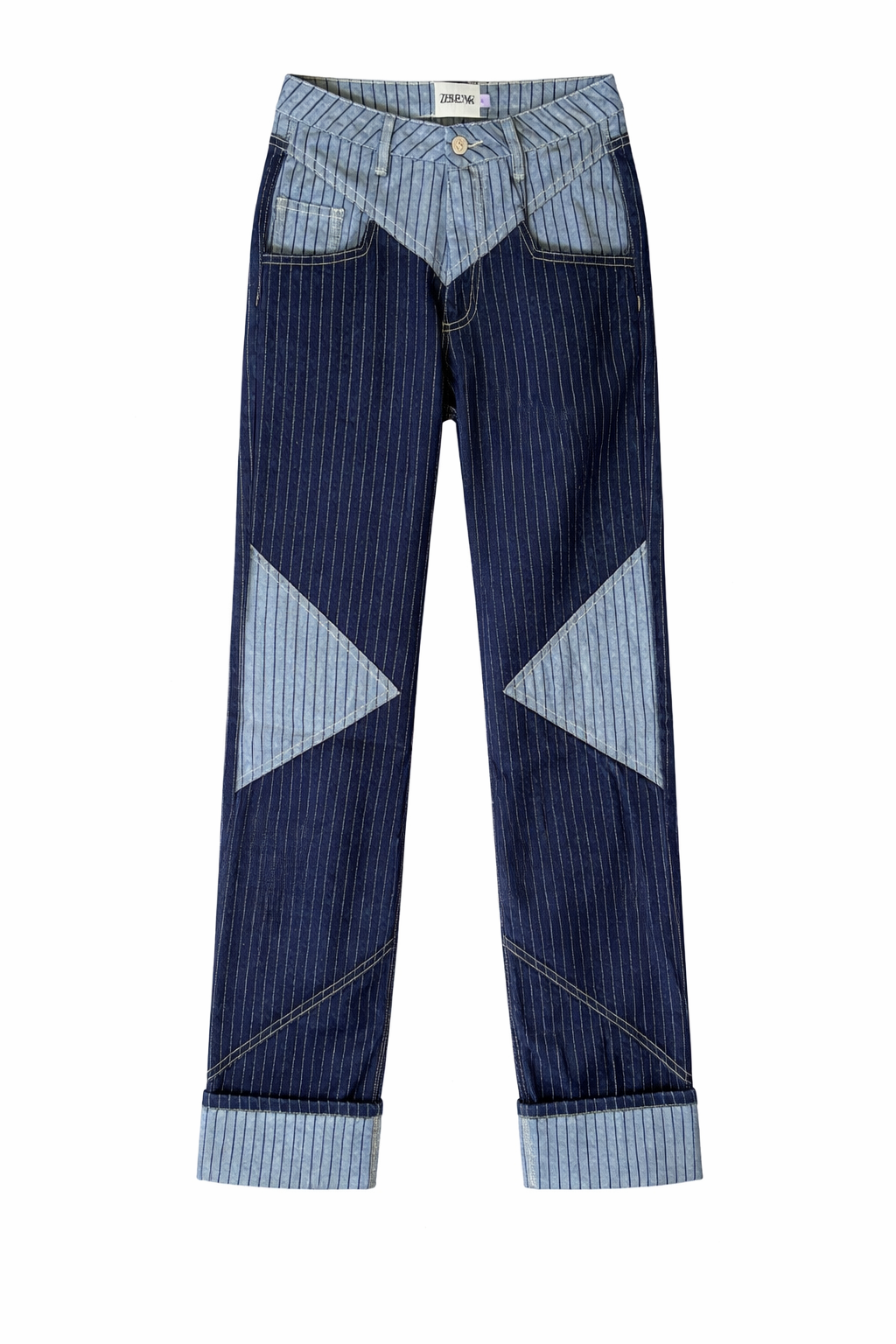 Blue and white striped pants with a geometric pattern on a white background
